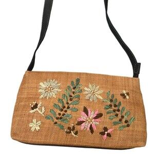 Liz Claiborne Baguette Cross Body Bag Boho Cottagecore Embroidered Flowers Straw